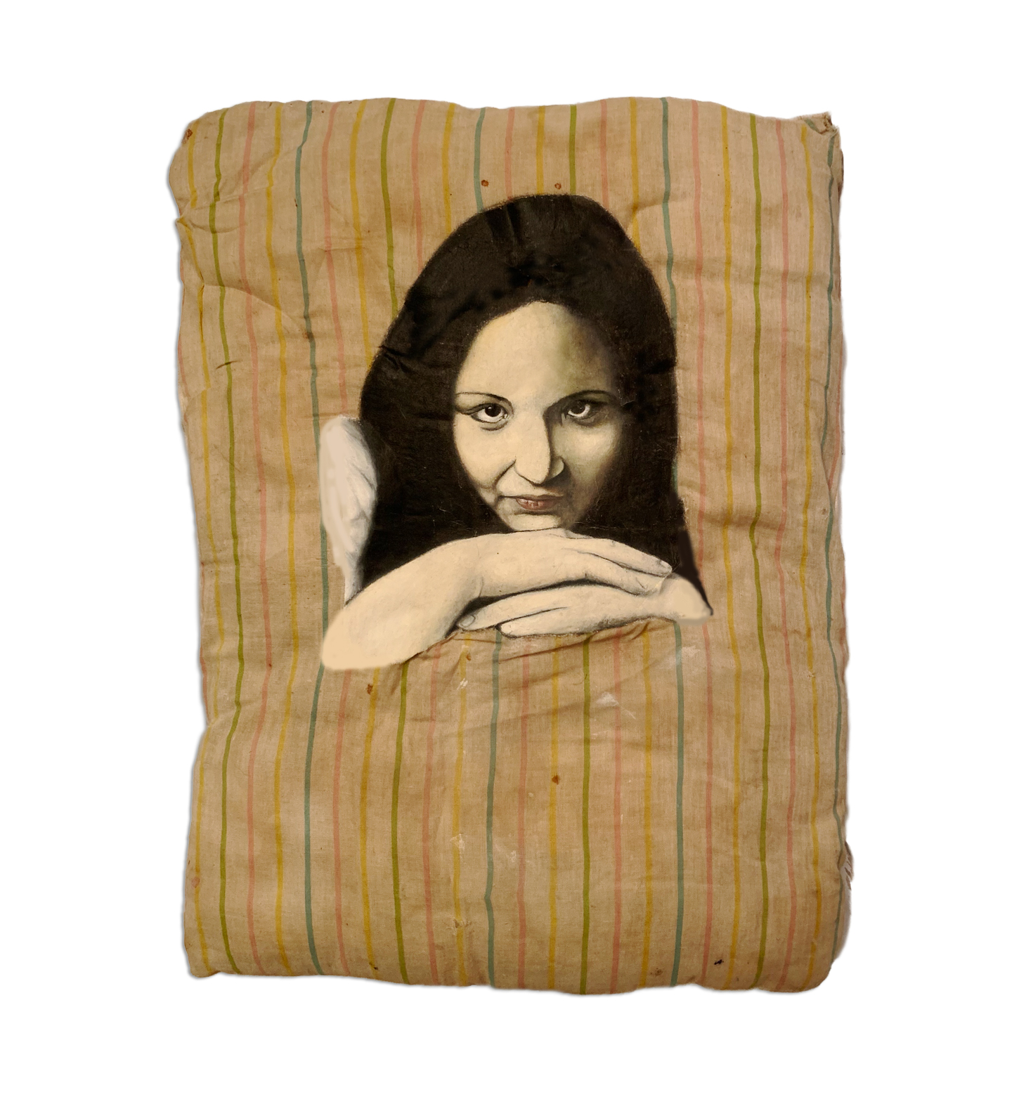 Lying, oil painting onfound pillow by Geoff Holle.