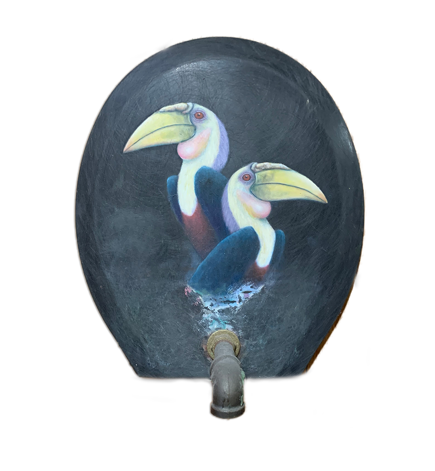 Tucan, oil painting on plastic, metal pipe by Geoff Holle.